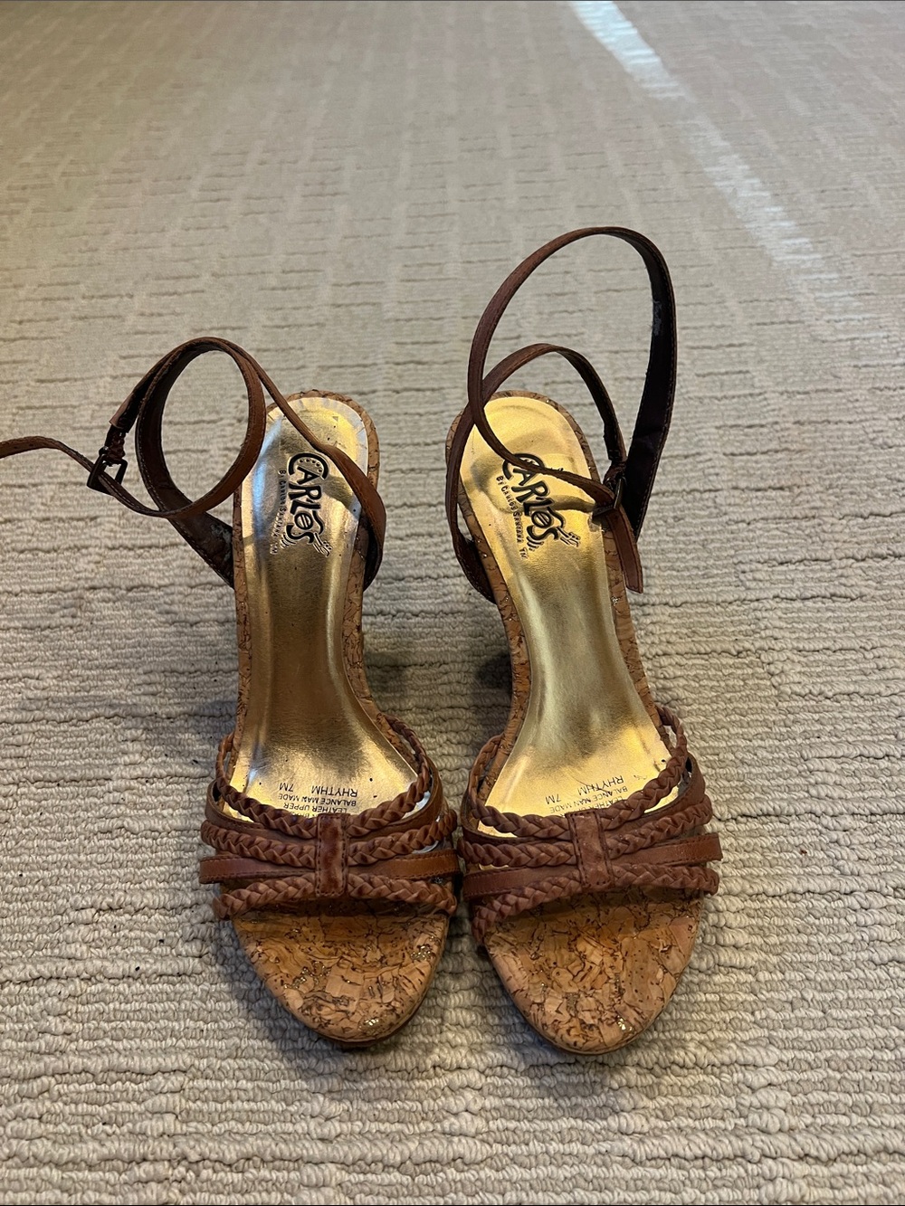 Carlos Santana Rhythm. Brown Braided leather Cork Wedge Sandals - Women's